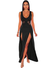 Lace Hollow Out Patchwork Split Maxi Dress MZ-26009