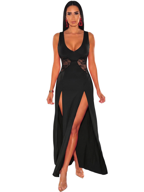 Lace Hollow Out Patchwork Split Maxi Dress MZ-26009