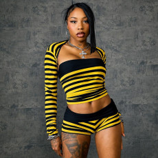 Stripe Long Sleeve Top Three Piece Shorts Set MXBF-J26ST262