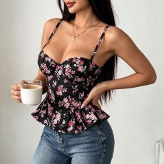Floral Print Irregular Ruffle Sling Tank Top GPBY-VE8483