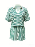 Stripe Lapel Two Piece Shorts Set YH-5546