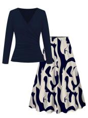 Long Sleeve Knits Top Print Skirt 2 Piece Set OD-8758