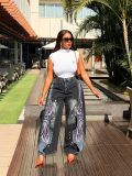 Plus Size Irregular Patchwork Print Jeans GYLN-8091