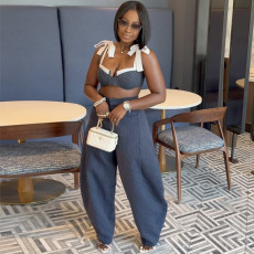 Sexy Patchwork Tie Up Wide Leg Pant Suit GQLK-6626-1