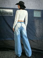 Plus Size Wing Lace Ripped Rhinestone Jeans GYLN-0183