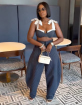 Sexy Patchwork Tie Up Wide Leg Pant Suit GQLK-6626-1