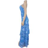 Sexy Print Mesh Spaghetti Straps Maxi Dress BY-7710