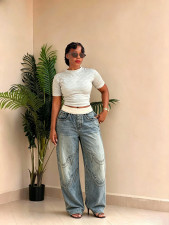 Plus Size Ribbed-Waist Straight Jeans GYLN-9167