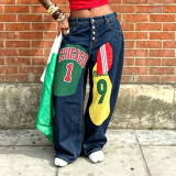 Plus Size jersey Patchwork Print Loose Jeans GYLN-8092