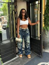 Plus Size Ripped Camouflage Washed Straight Jeans GYLN-7255