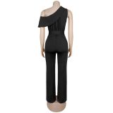 Slash Shoulder Solid Color Jumpsuit BY-7718