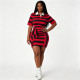 Contrast Color Stripe Lapel Midi Dress GQLK-KG6688