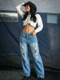 Plus Size Wing Lace Ripped Rhinestone Jeans GYLN-0183