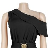Slash Shoulder Solid Color Jumpsuit BY-7718