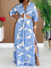 Print Tie Up Top Split Long Skirt Suit MIL-L387