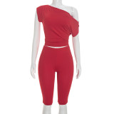 Slash Shoulder Solid Top Seventh Pants Suit GDSF-D26ST276