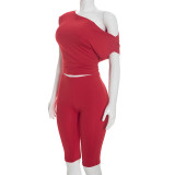 Slash Shoulder Solid Top Seventh Pants Suit GDSF-D26ST276