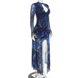 Print Mesh Long Sleeve Hollow Out Maxi Dress GDSF-D26DS267