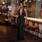 V Neck Halterneck Tie Up Maxi Dress YF-11083