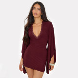 Flare Long Sleeve V Neck Mini Dress GSZM-D26DS272