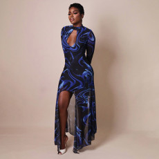 Print Mesh Long Sleeve Hollow Out Maxi Dress GDSF-D26DS267