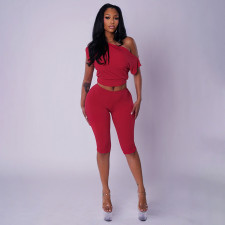 Slash Shoulder Solid Top Seventh Pants Suit GDSF-D26ST276