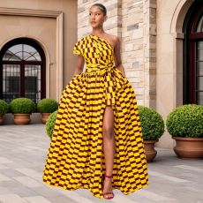 Single Shoulder Print Split Maxi Dress YF-60024