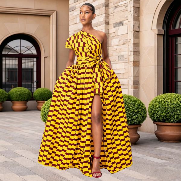Single Shoulder Print Split Maxi Dress YF-60024