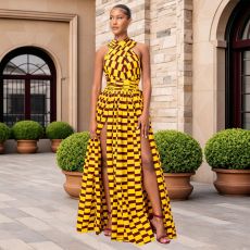 Single Shoulder Print Split Maxi Dress YF-60024