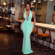 V Neck Halterneck Tie Up Maxi Dress YF-11083