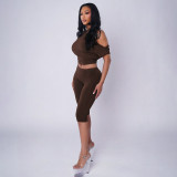Slash Shoulder Solid Top Seventh Pants Suit GDSF-D26ST276