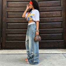 Plus Size Letter Embroidery Wide Leg Jeans GYLN-9089