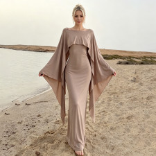 Solid Color Bat Sleeve Shawl+Sling Dress 2 Piece Set GPKJ-MR50115
