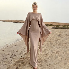 Solid Color Bat Sleeve Shawl+Sling Dress 2 Piece Set GPKJ-MR50115
