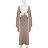 Solid Color Bat Sleeve Shawl+Sling Dress 2 Piece Set GPKJ-MR50115
