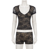 Lace Patchwork V Neck Two Piece Shorts Set GPKJ-MR49982