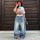 Plus Size Letter Embroidery Wide Leg Jeans GYLN-9089