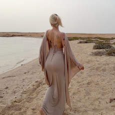 Solid Color Bat Sleeve Shawl+Sling Dress 2 Piece Set GPKJ-MR50115