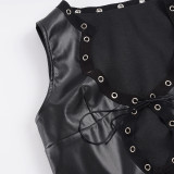 Hollow Out PU Leather Bandage Top GPKJ-MR49614
