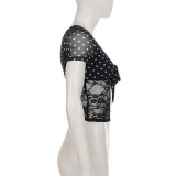Polka Dot Print Lace Patchwork V Neck T Shirt GPKJ-MR49646