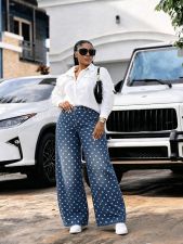 Plus Size Polka Dot Print Embroidered Jeans GYLN-0086