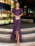 V Neck Sequin Backless Evening Dress GXRF-QC169