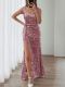 Sequined Slit V-Neck Beaded Evening Dress GXRF-171