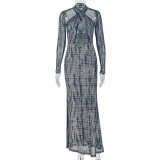 Long Sleeve Halterneck Print Maxi Dress GJYO-JD305665