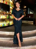V Neck Sequin Backless Evening Dress GXRF-QC169