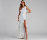 Single Shoulder Sequin Split Evening Dress GXRF-QC173