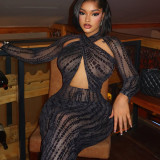 Long Sleeve Halterneck Print Maxi Dress GJYO-JD305665