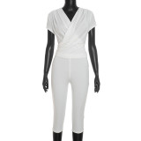V Neck Solid Color Ruched Two Piece Pants Set GDSF-J26ST316