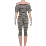 Off Shoulder Stripe Skinny Fifth Pant Suit DLSF-K6S12990A