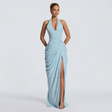Solid Color Halterneck Ruched Split Maxi Dress DLSF-K6D12157A